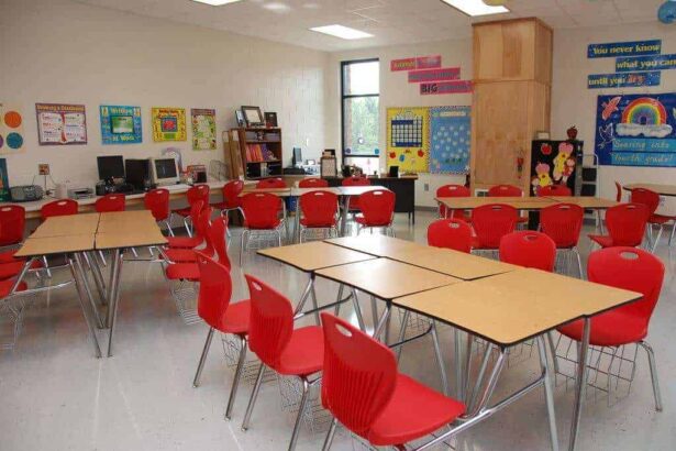 A school classroom with red plastic chairs and long tables