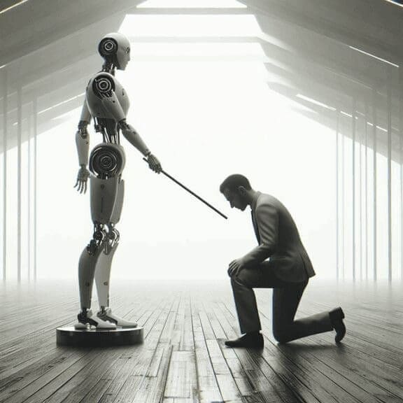 Some people fear the DarK side of artificial intelligence. A robot stands over a man kneeling before him.