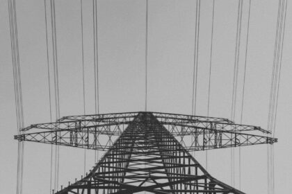 A view from below an electric transmission tower