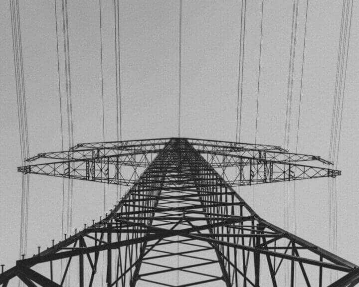 A view from below an electric transmission tower