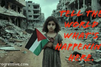 Israel’s blockade of Gaza. A Palestinian girl standing amidst rubble holding the Palestinian flag