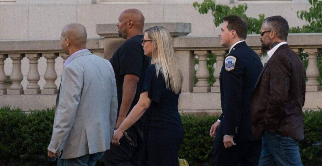 The first night of the january 6th hearings, as capitol police sgt. Aquilino gonell, capitol police sgt. Harry dunn; erin smith, widow of officer jeffrey smith, metropolitan police department officer daniel hodges, and michael fanone arrive for the hearing.