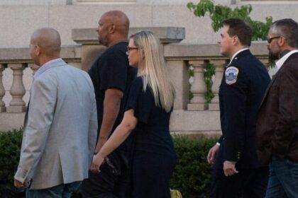 The first night of the January 6th hearings, as Capitol Police Sgt. Aquilino Gonell, Capitol Police Sgt. Harry Dunn; Erin Smith, widow of Officer Jeffrey Smith, Metropolitan Police Department officer Daniel Hodges, and Michael Fanone arrive for the hearing.