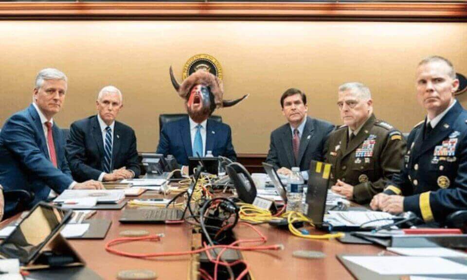 A photo depicting the qanon shaman as president