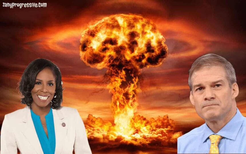 Nuclear bomb explosion background with jim jordan and stacey plaskett