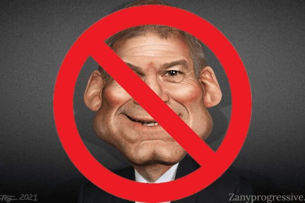 Jim jordan caricature with a banned symbol over it