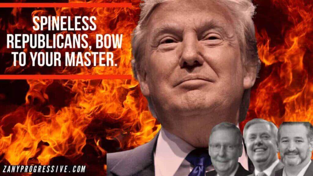 Congress Republicans Donald Trump, Ted Cruz, Lindsey Graham, and Mitch McConnell with a fire background.