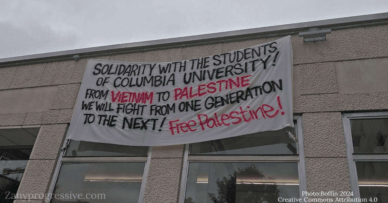 Progressive politics. A banner at a college campus protest