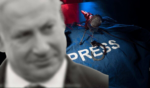 Netanyahu in front of a press vest. 75% of journalists killed in 2023 were in gaza
