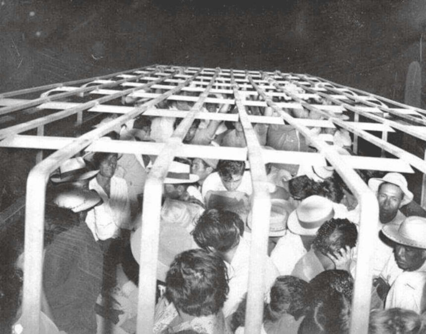 The u. S. Border patrol packed mexican immigrants into trucks when transporting them to the border for deportation.