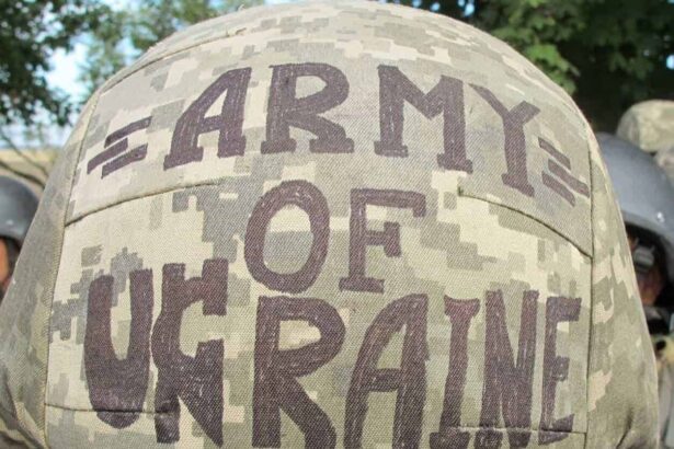 A helmet worn by a Ukrainian soldier in the war against Russia