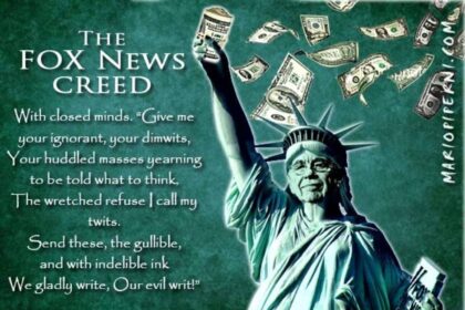 Statue of liberty with Rupert Murdoch’s face and the Fox News Creed. illegal for politicians to lie