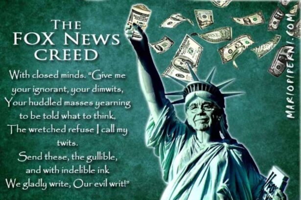 Statue of liberty with rupert murdoch’s face and the fox news creed. Illegal for politicians to lie