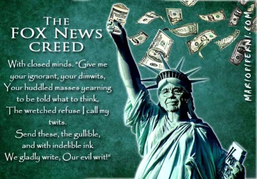 Statue of liberty with rupert murdoch’s face and the fox news creed. Illegal for politicians to lie