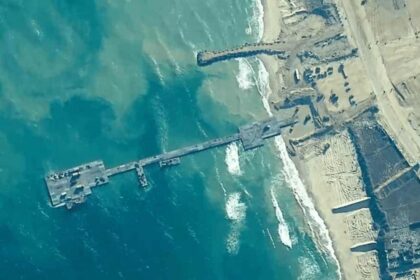 Aerial view of the pier built by the U.S. off the shore of Gaza