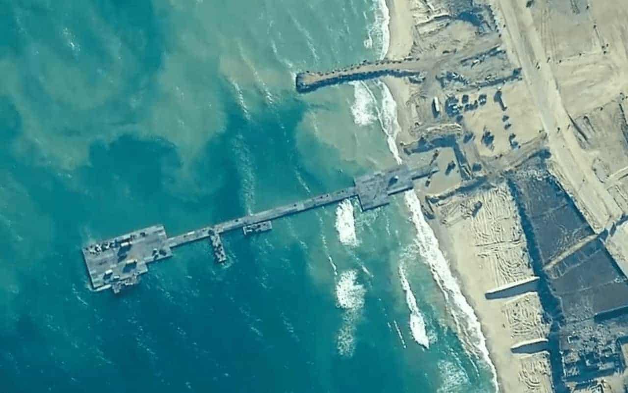 Aerial view of the pier built by the U.S. off the shore of Gaza