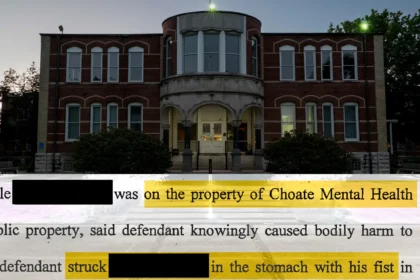 Illustration by ProPublica. Source images: Whitney Curtis for ProPublica; grand jury indictment obtained by ProPublica and Capitol News Illinois. Highlighted and redacted by ProPublica.