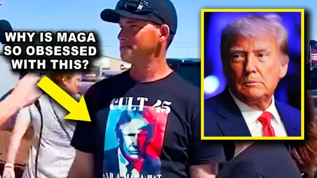 Trump supporter wearing a t-shirt with trump’s face and cult on it.