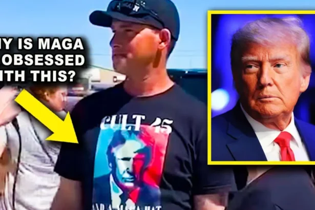 Trump supporter wearing a t-shirt with trump’s face and cult on it.