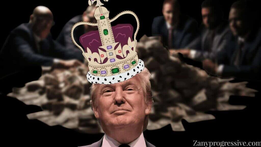 Donald trump wearing a crown while billionaires sit around a pile of money on a table.