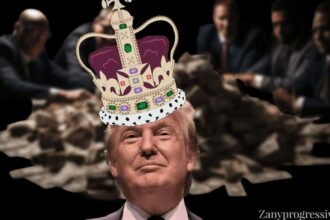 Donald Trump wearing a crown while billionaires sit around a pile of money on a table.