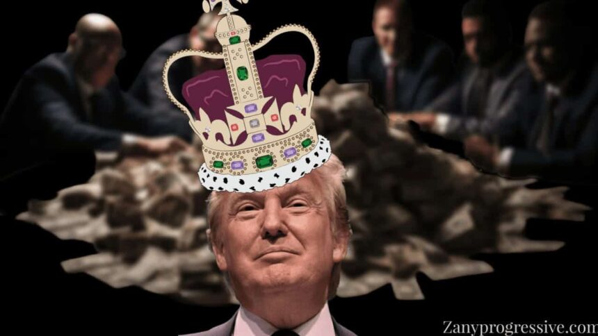 Donald trump wearing a crown while billionaires sit around a pile of money on a table.