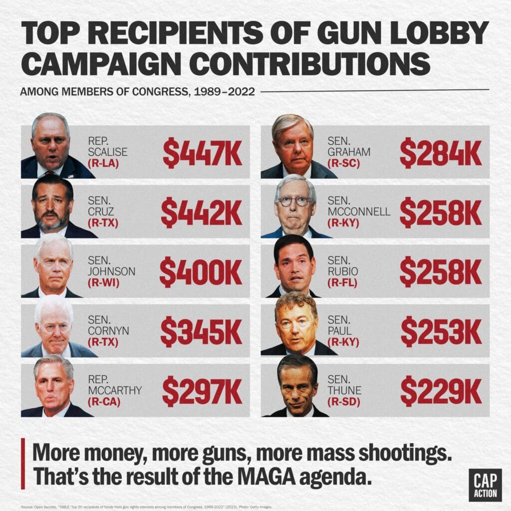 Corporations and the rich: graphic showing members of congress and the money they've received from the gun lobby.
