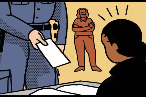 Illustration of a black student receiving a ticket from a police officer