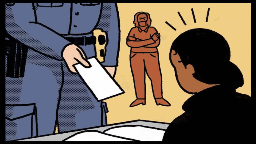 Illustration of a black student receiving a ticket from a police officer