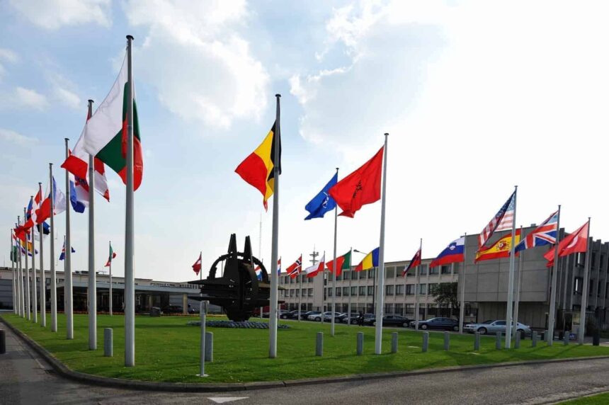 Nato member flags flying at nato headquarters