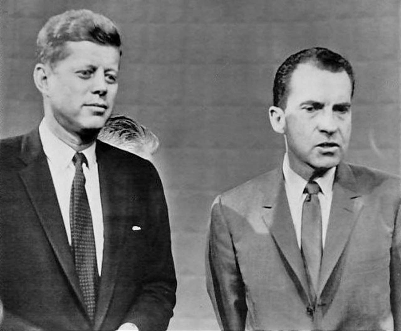 Photo of jfk and richard nixon taken prior to their first debate at wbbm-tv in chicago in 1960.