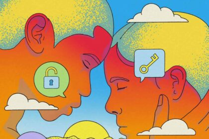 Supercommunicators Illustration of two people with foreheads touching. One person has a padlock icon and the other a key.