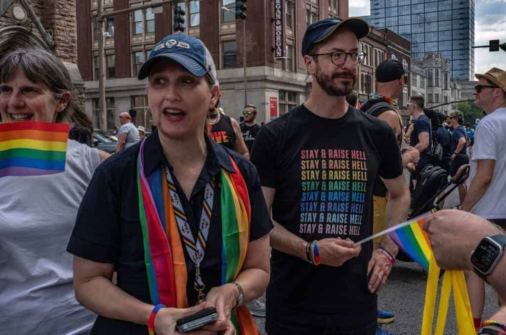 Nashville vice-mayor angie henderson and and mayor freddie o’connell prepare to march in saturday’s pride parade down broadway.