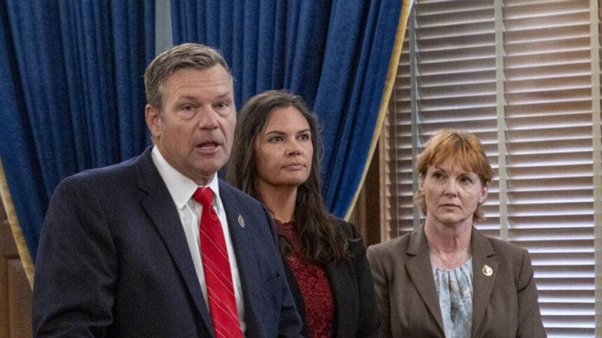 Kansas attorney general kris kobach announces he is suing pfizer during a june 17, 2024, news conference at the statehouse in topeka.