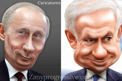 US response to Russia and Israel differs. Caricatures of Putin and Netanyahu