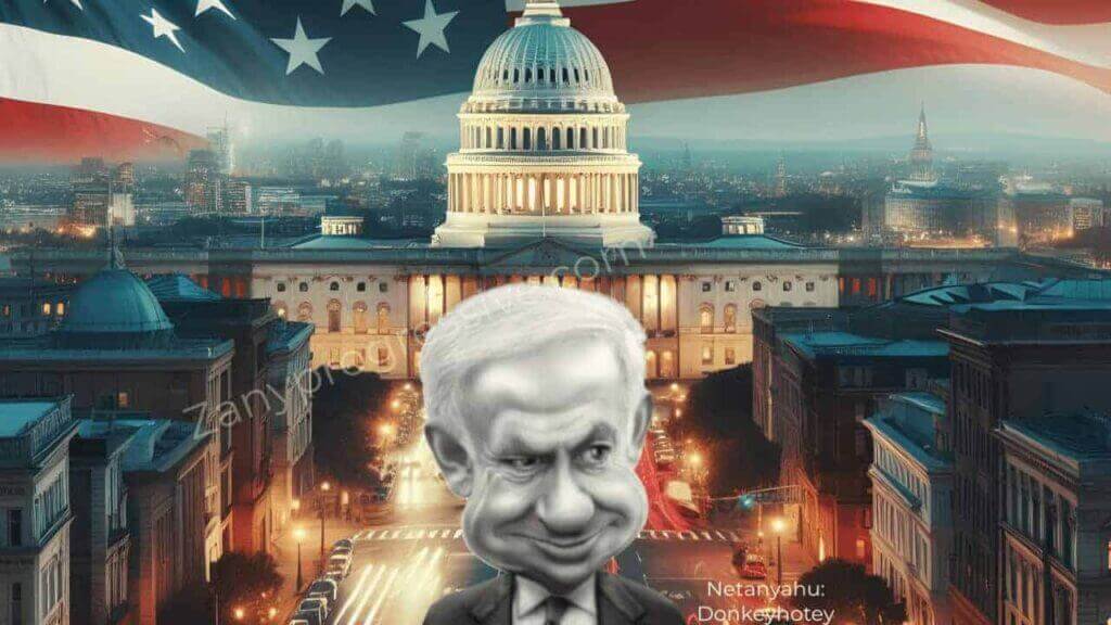 Netanyahu caricature with the capitol in background