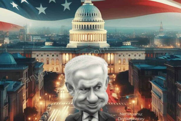 Netanyahu caricature with the capitol in background