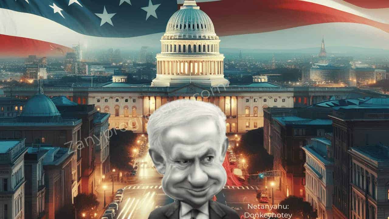 Netanyahu caricature with the capitol in background