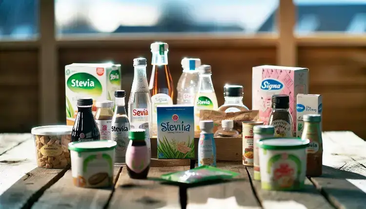 Stevia products gathered together on avwoiden picnic table