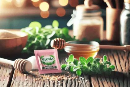 Stevia packet among green leafy vegetables and a bowl of honey