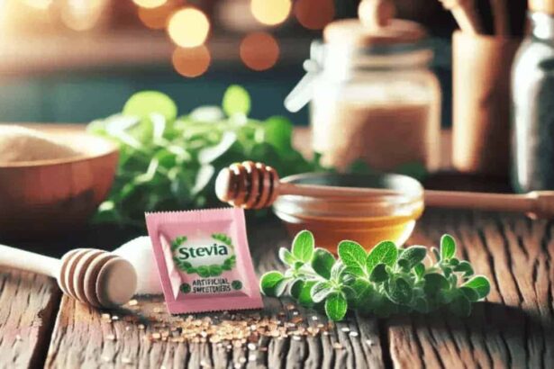 Stevia packet among green leafy vegetables and a bowl of honey