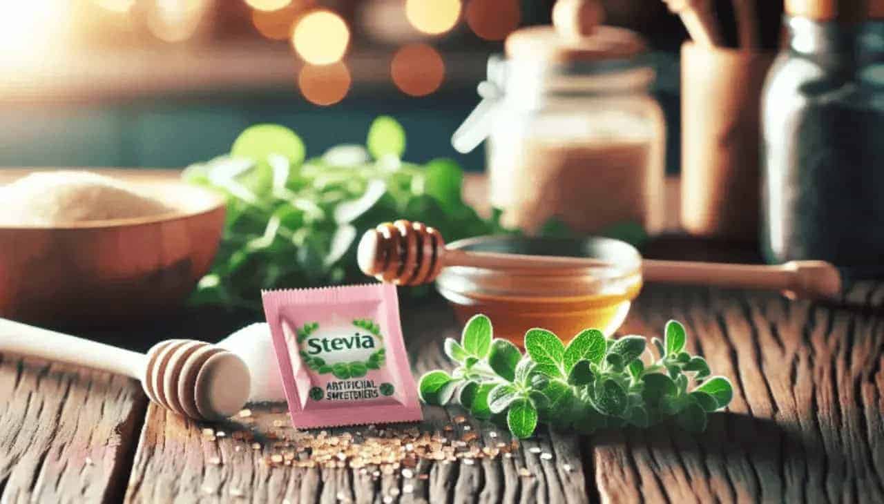 Stevia packet among green leafy vegetables and a bowl of honey