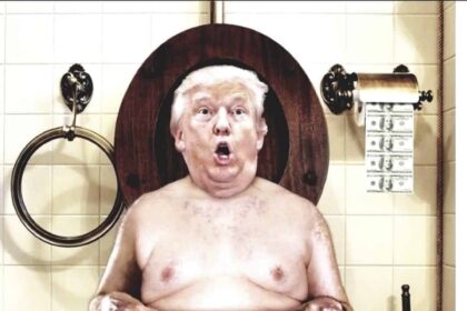 Donald Trump cartoon of him in a toilet with text that says “Flush the turd in November”