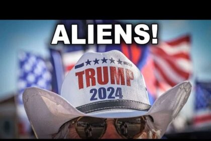 Trump supporter wearing sunglasses and a Trump 2024 cowboy hat