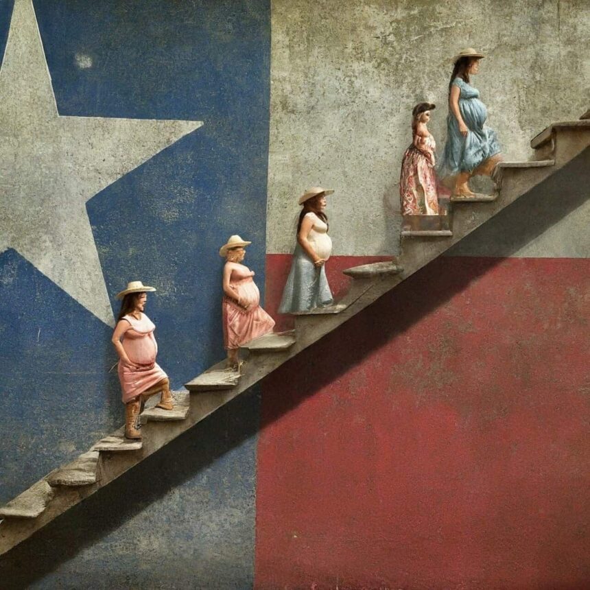 Pregnant women walking up a staircase with a texas flag background