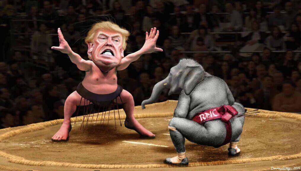 Republican National Convention vs Trump in Sumo wrestling match with Trump and elephant