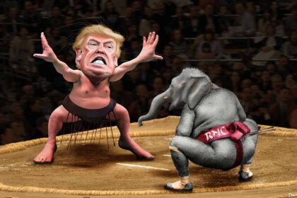 Republican National Convention vs Trump in Sumo wrestling match with Trump and elephant