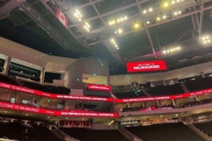 Fiserv Forum in Milwaukee, during a the media walkthrough of the 2024 Republican National Convention.