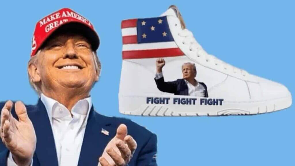 Donald Trump smiling and clapping next to the assassination attempt edition sneakers