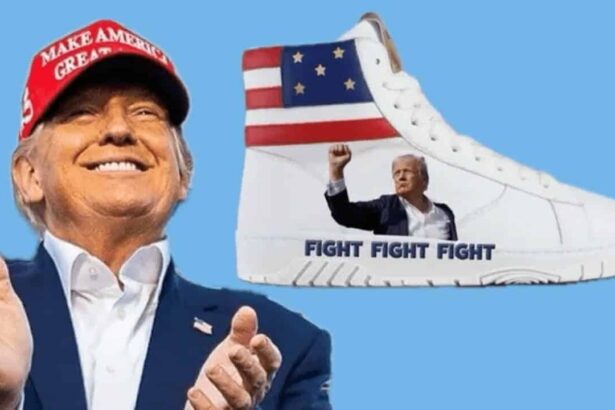 Donald trump smiling and clapping next to the assassination attempt edition sneakers